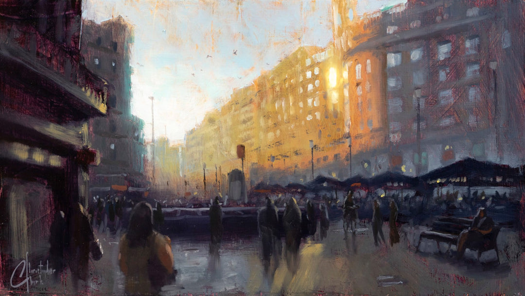 Oil on panel painting of a Barcelona street by Christopher Clark - "Barcelona Street" by Christopher Clark.