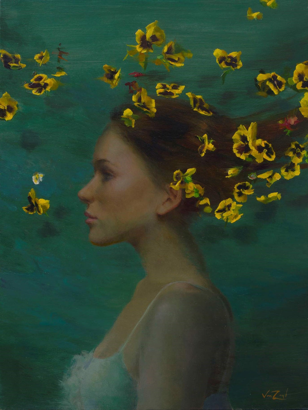 An oil painting of a woman by Michael Van Zeyl, adorned with yellow flowers in her hair, known as "Yellow Breeze" by Michael Van Zeyl.