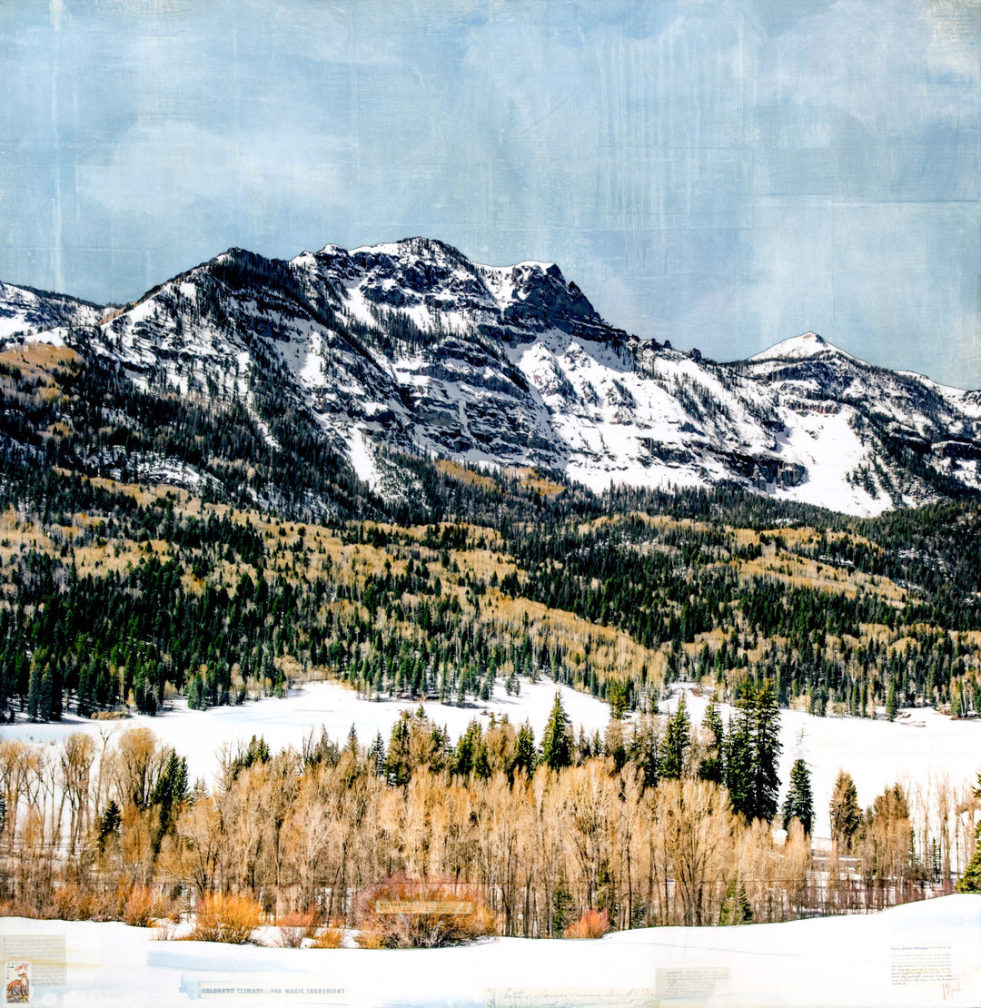 A mixed media painting titled "En Route to Wolf Creek" by JC Spock - JC Spock - "En Route to Wolf Creek" depicting snowy mountains and trees.