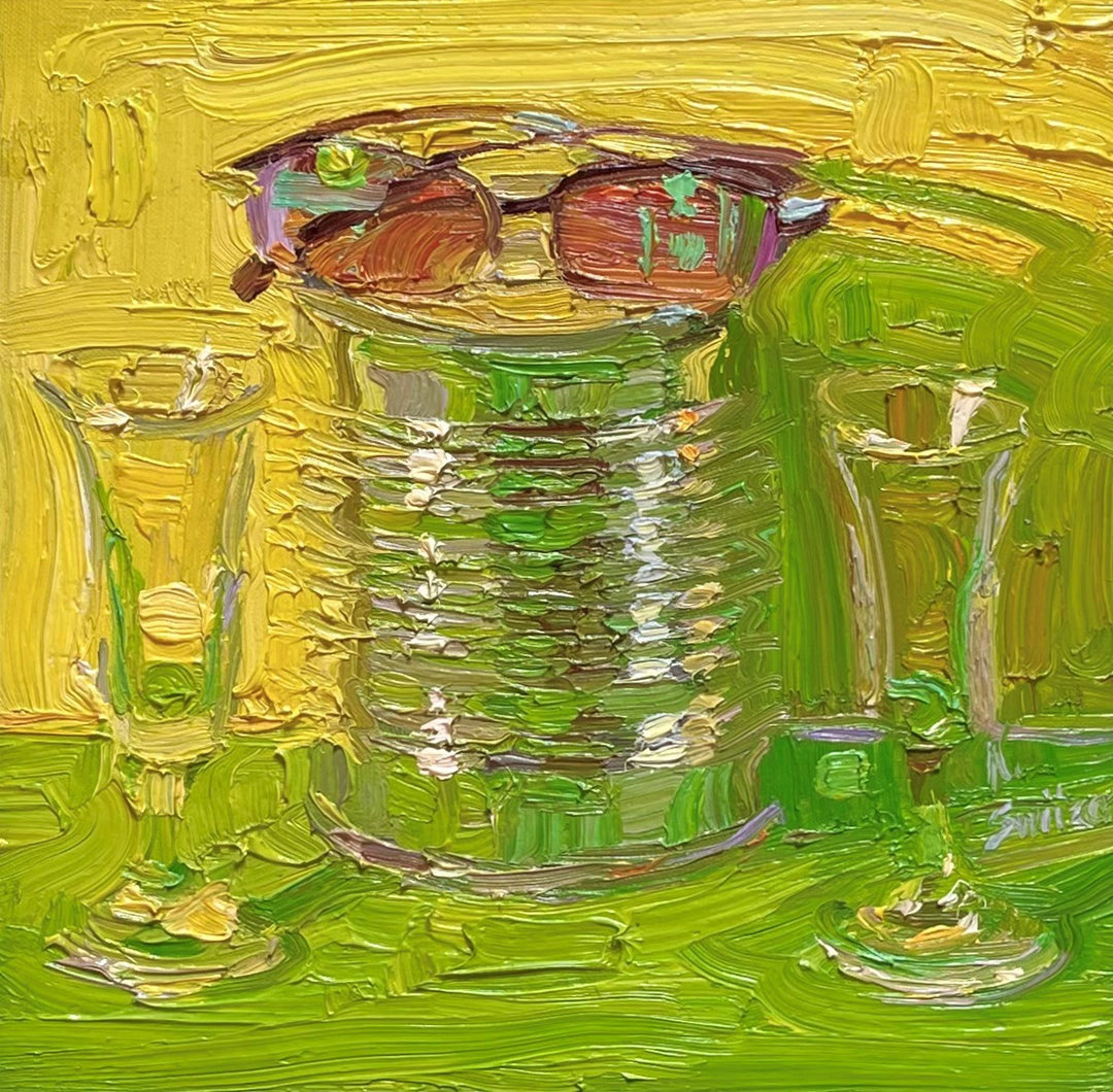 A painting of Nancy Switzer - "Green Shade Cordials, 2006" sunglasses and glasses on a yellow background, created using oil paints.