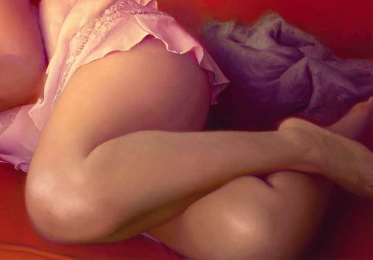 A painting of a woman laying on a Diego Glazer | "Blood Orange" couch.