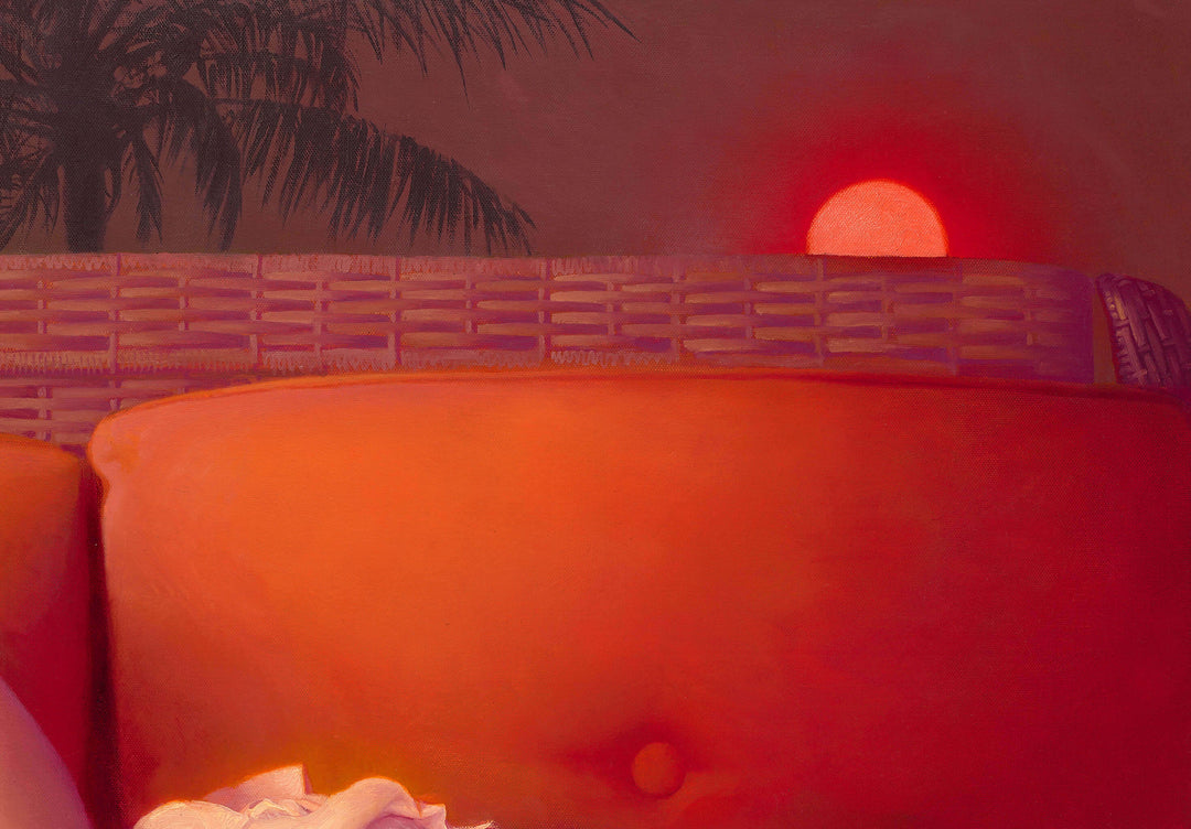 A Diego Glazer | "Blood Orange" painting of a woman sitting on a couch.