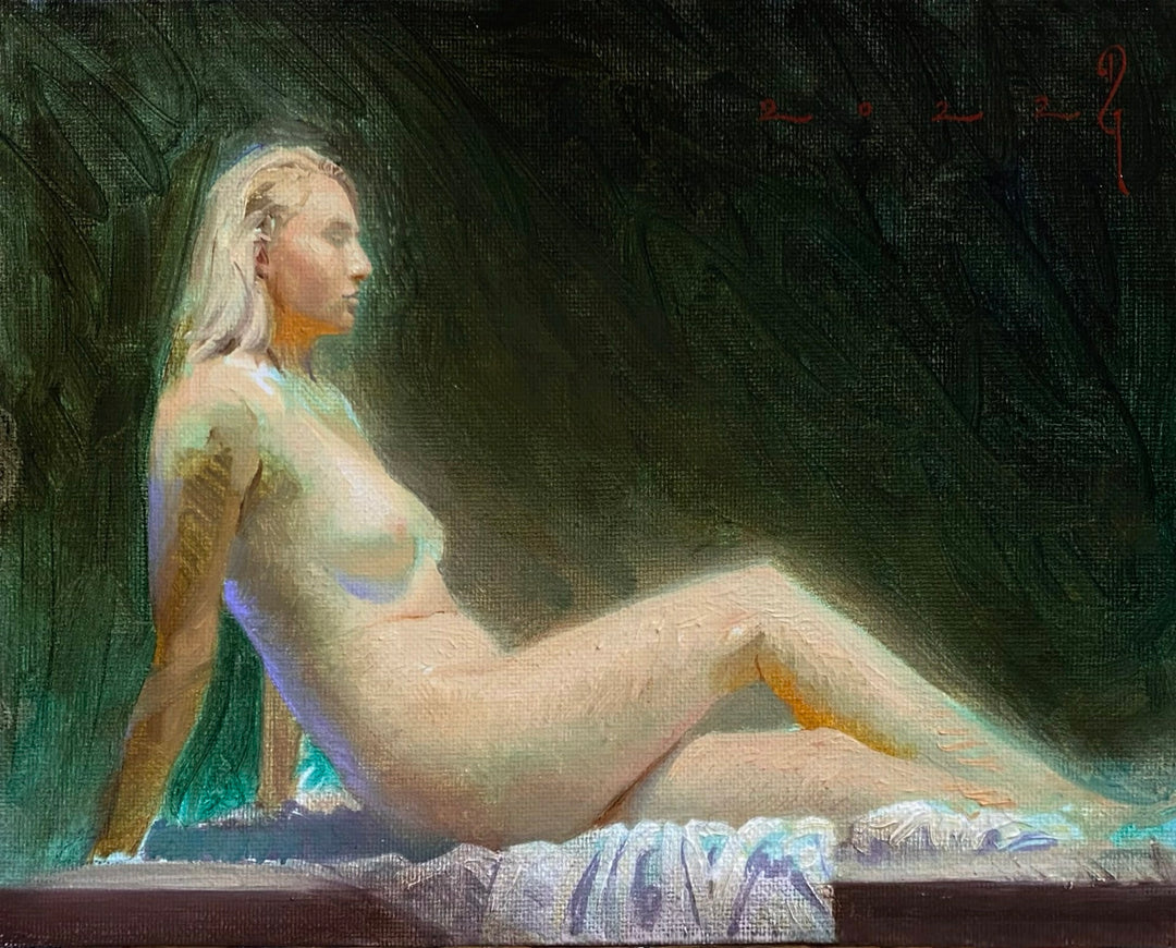 A Diego Glazer - "Reclining Nude in Green" painting of a reclining nude woman laying on a towel by Diego Glazer.