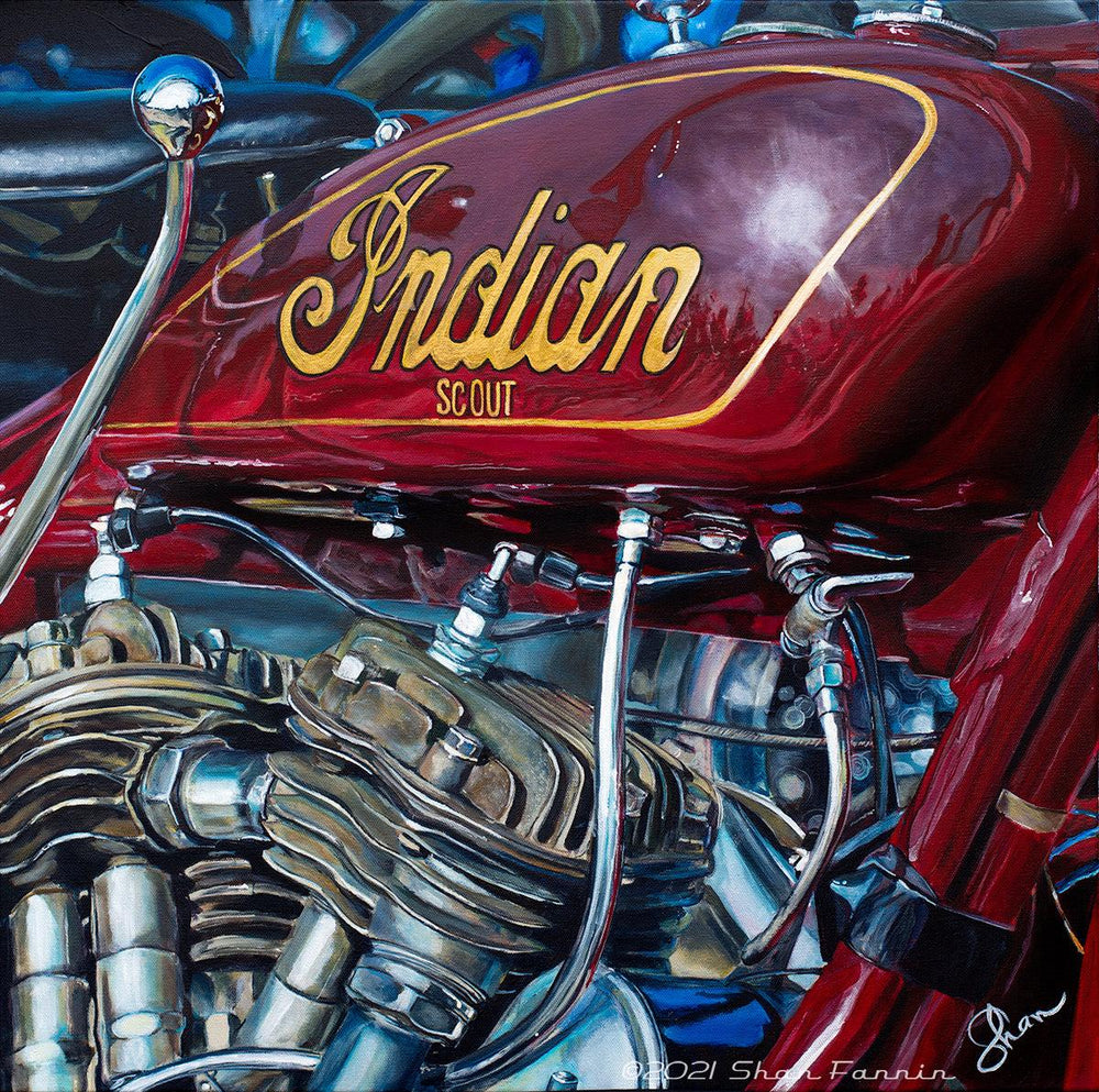Shan Fannin | "1930 Indian Scout 101" | 28 x 28" - Abend Gallery - Shan Fannin