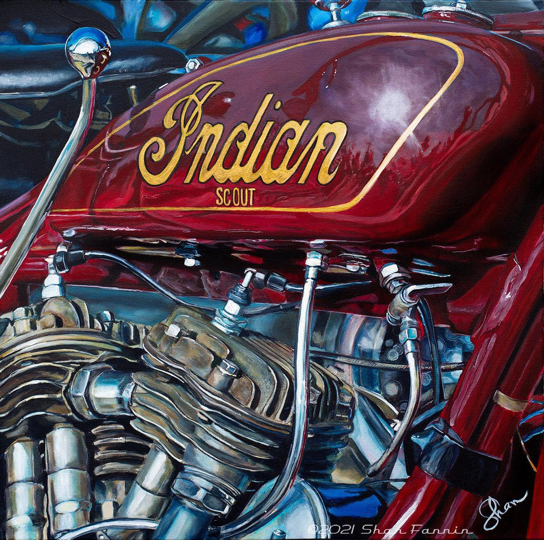 Shan Fannin | "1930 Indian Scout 101" | 28 x 28" - Abend Gallery - Shan Fannin