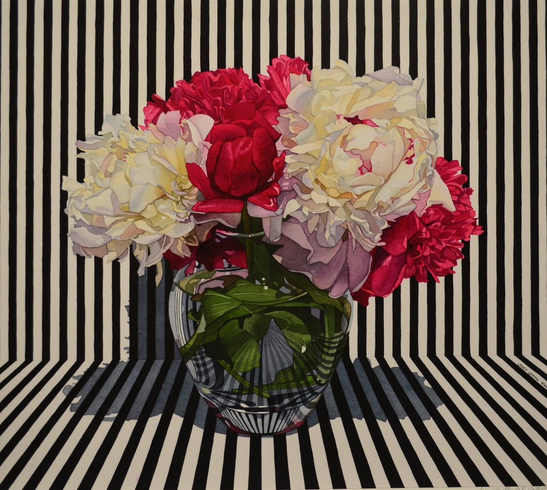 Suzy Smith | "Peonies with Stripes" | 19.50 x 22" - Abend Gallery - Suzy Smith