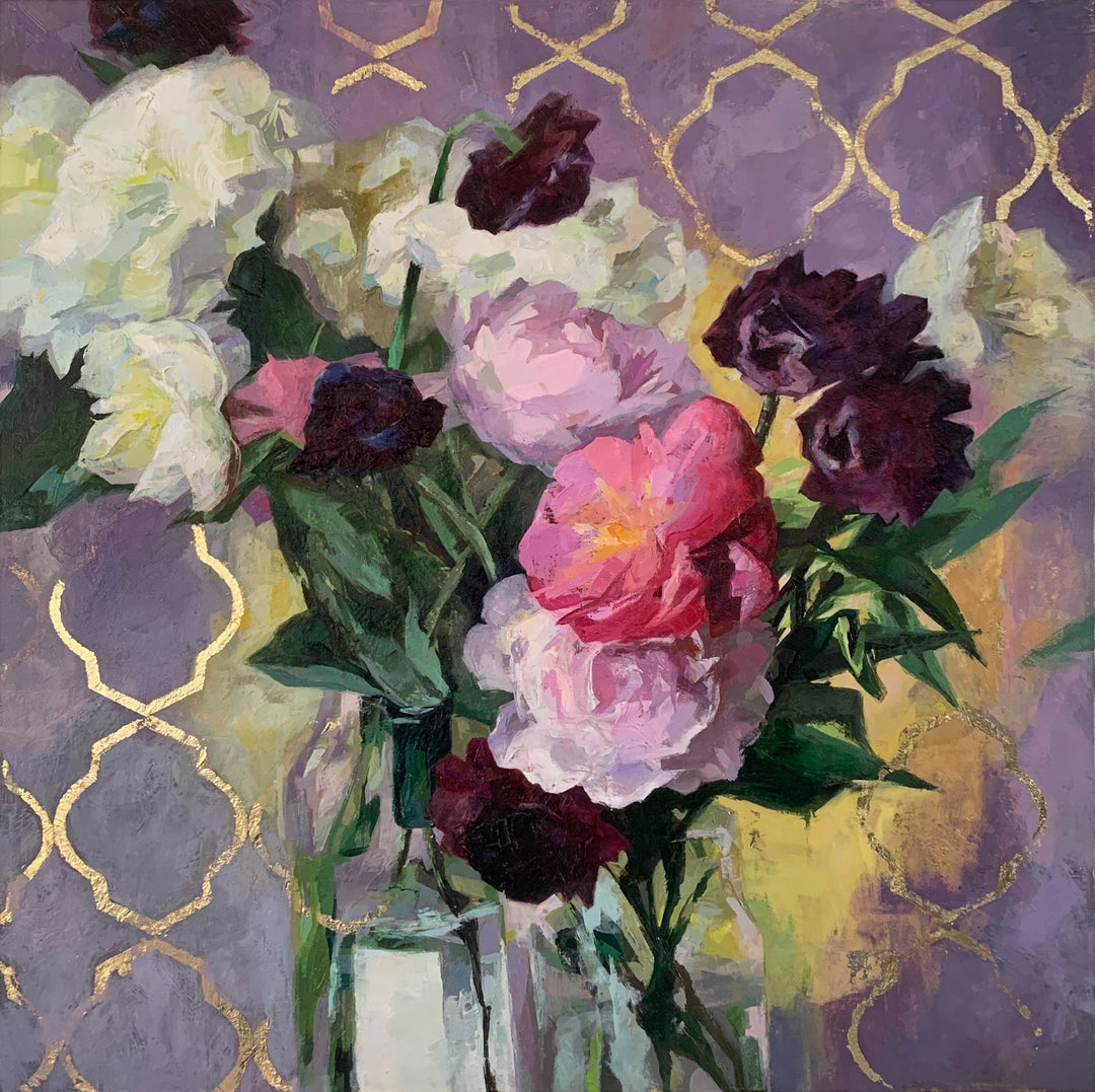 An artist's Yana Beylinson - "Lattice," 2019-2020 oil on canvas painting of flowers in vases on a purple background.