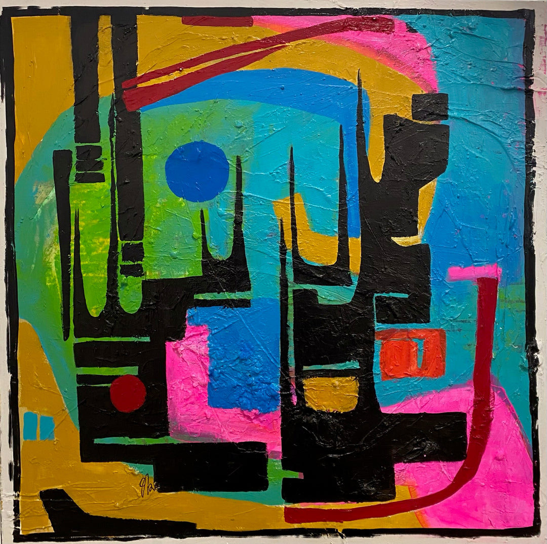 An abstract painting by Jennifer Bobola, utilizing bright colors and shapes in a mixed media composition titled "In Common, 2022" by Jennifer Bobola.