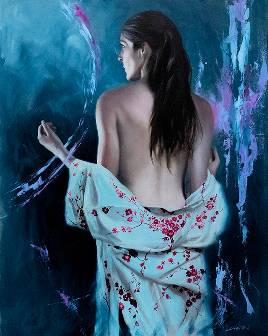 A breathtaking painting of a naked woman in a mesmerizing blue robe, created with skillful strokes of oil on panel called Brian O'Neill - "Moonlight" brand.