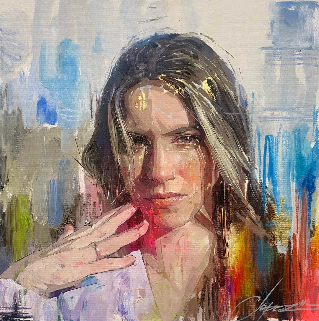 Alba, 2023", a painting of a woman with her hand on her face, created by Conrado López using acrylic and oil on canvas.