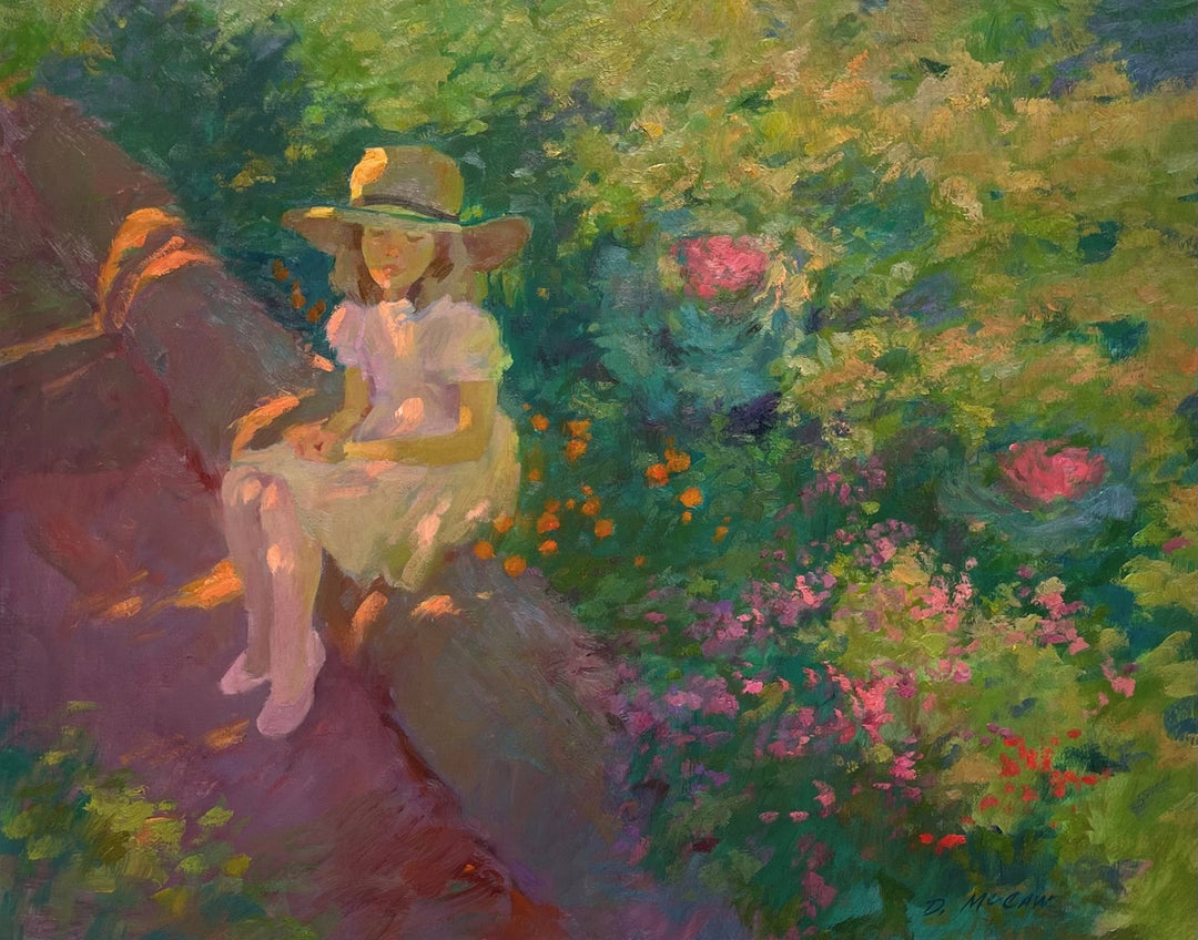 A 24 x 30 inches "Dan McCaw - In the Garden" oil on canvas painting of a girl in a hat sitting in a garden, by Dan McCaw.