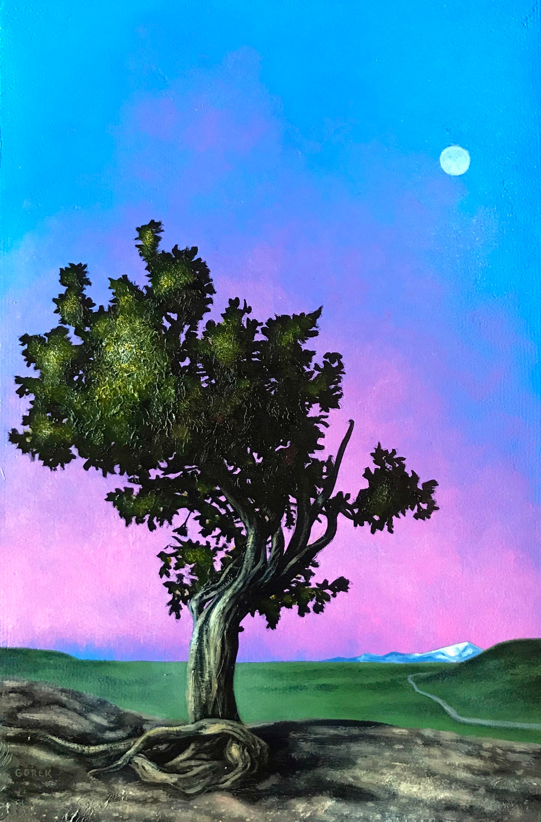 Thane Gorek's "Sentinel" oil on canvas captures a sentinel tree standing alone in the middle of a field.