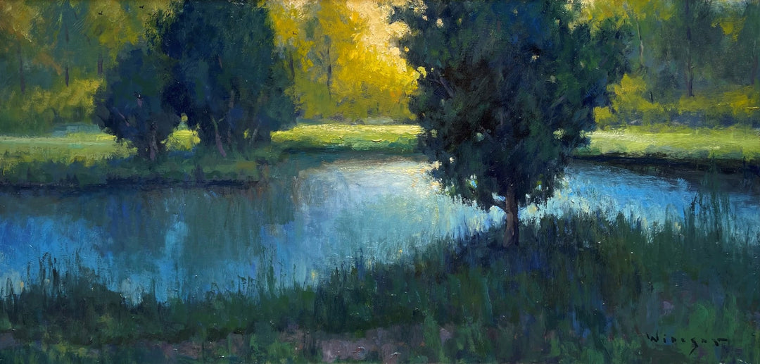A painting of trees by a pond, done in oil on board with a beautiful combination of green and gold hues. Seth Winegar - "Green and Gold" by Seth Winegar.