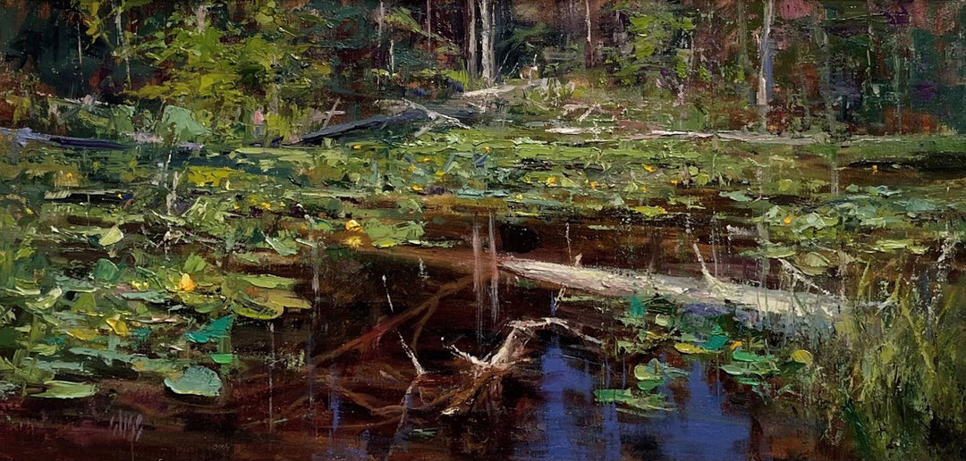 Lilies on the Divide" is an enchanting oil on canvas painting capturing the serene beauty of a swamp teeming with trees and lily pads. Created by acclaimed artist Mike Wise, Mike Wise - "Lilies on the Divide" is an exquisite representation of nature's tranquility.
