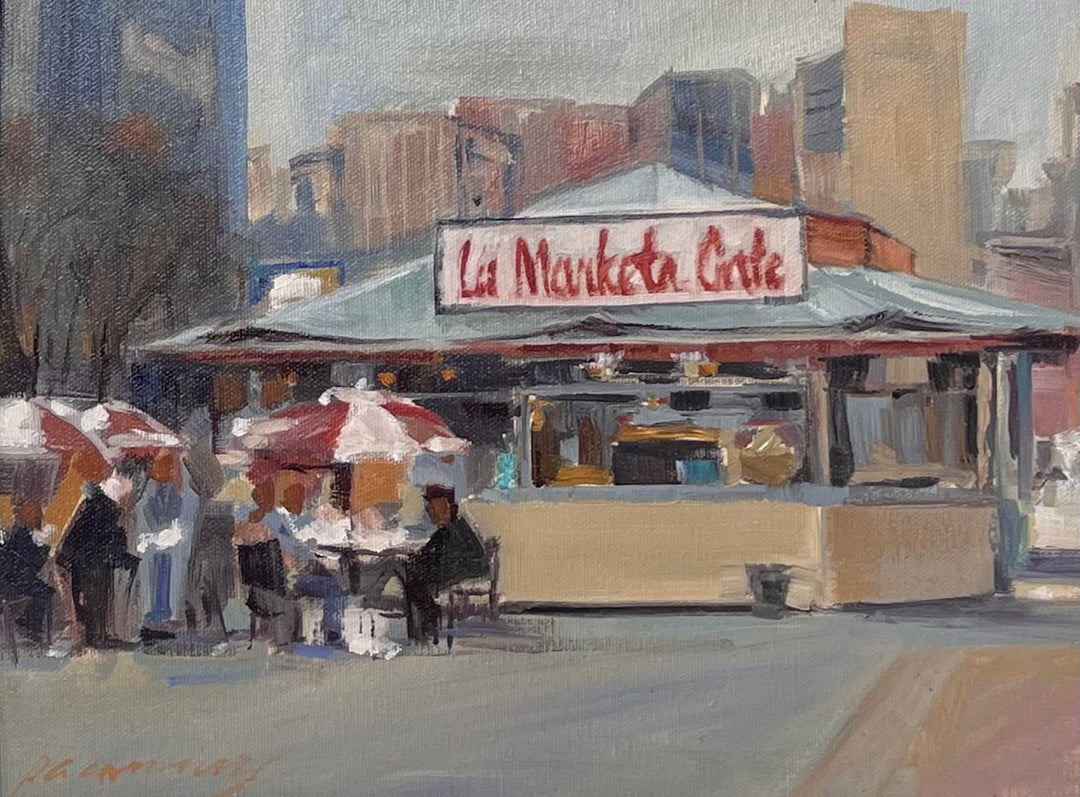 Painting: A 9 x 12 inches artwork portraying a cafe in the city, created by P.A. Canney - "Market Cafe" and branded by P.A. Canney.