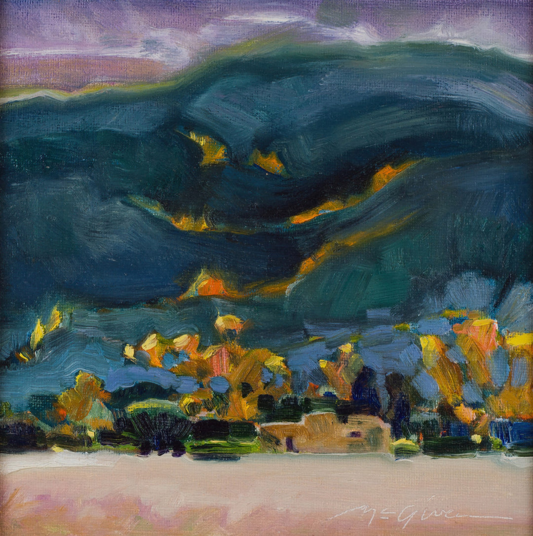 Peggy McGivern's "Fire on the Mountain, 2006" is a mesmerizing oil painting on canvas panel that captures the majestic beauty of a mountain landscape with lush trees in the background.