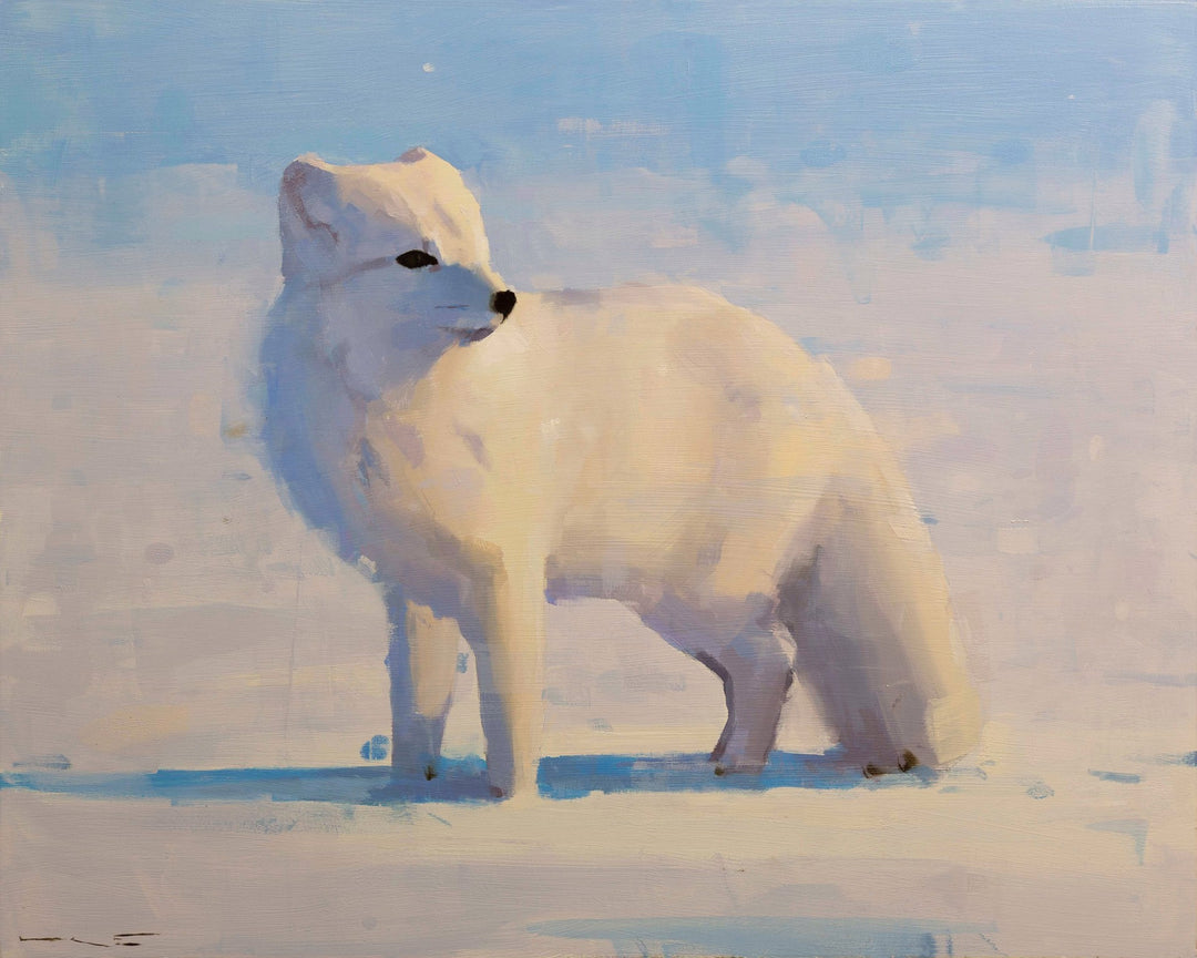 An oil painting capturing the beauty of a Thorgrimur Einarsson - "Arctic Fox" in the snow, showcased on a wood panel.