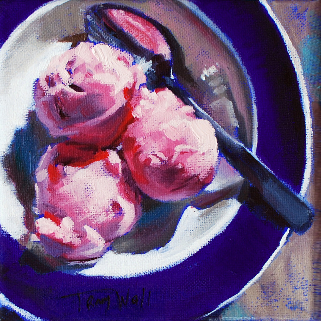 Tracy Wall's oil on canvas captures the deliciousness of Tracy Wall - "3 Strawberry Scoops" ice cream on a plate.