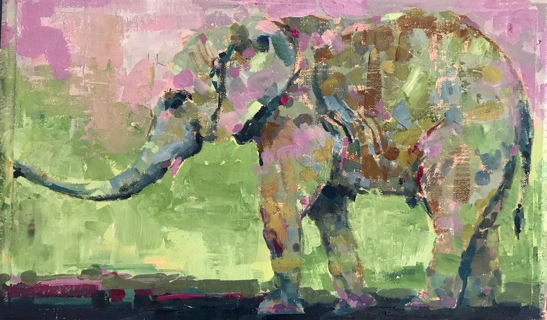 Brian Keith Stephens - "Kisses for You #5"" by Brian Keith Stephens. An oil on linen painting featuring a pink and green elephant.