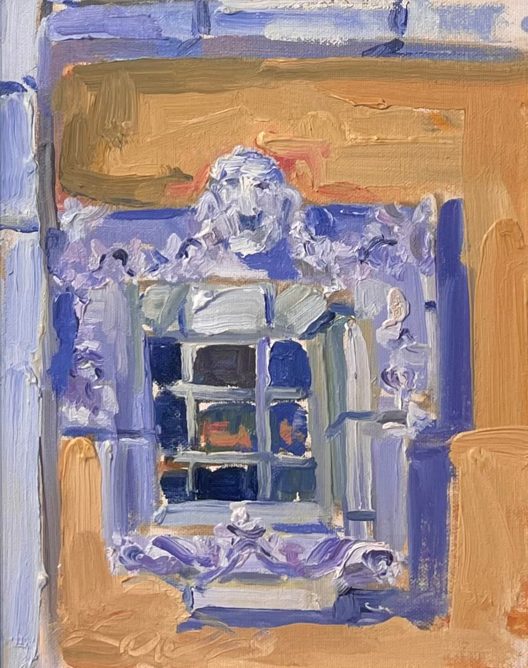 Terrie Lombardi - View From Above" is a painting by artist Terrie Lombardi depicting a window adorned with blue and white flowers.