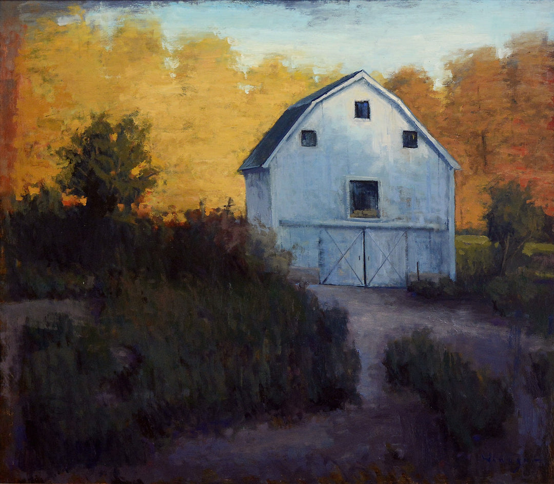 A beautiful oil painting of a blue barn, capturing the essence of autumn with its vibrant colors. Created by the talented artist Seth Winegar, this masterpiece titled "Autumn Rise" brings together Seth Winegar - "Autumn Rise".