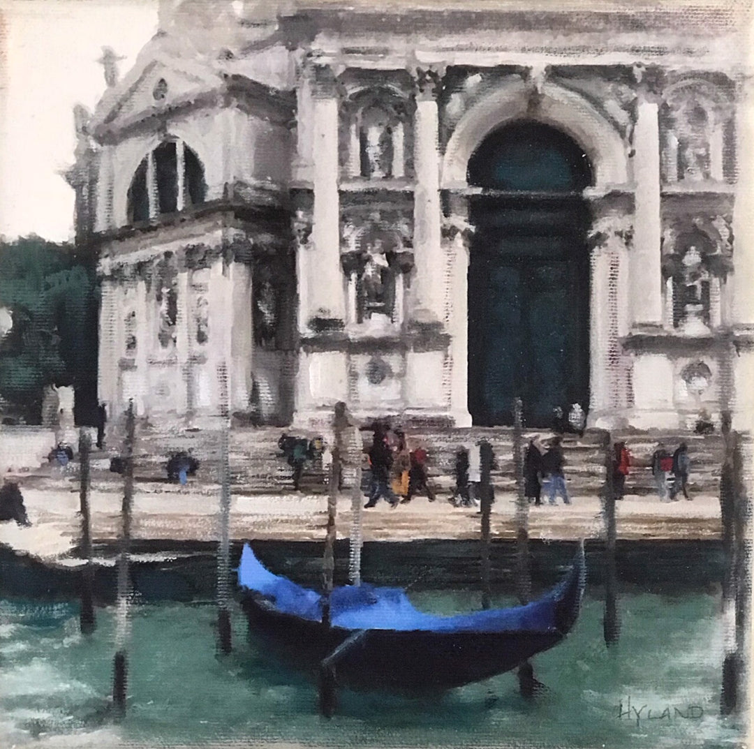 A canvas painting of a blue boat in front of a building, by John Hyland - "Intermezzo", titled John Hyland.