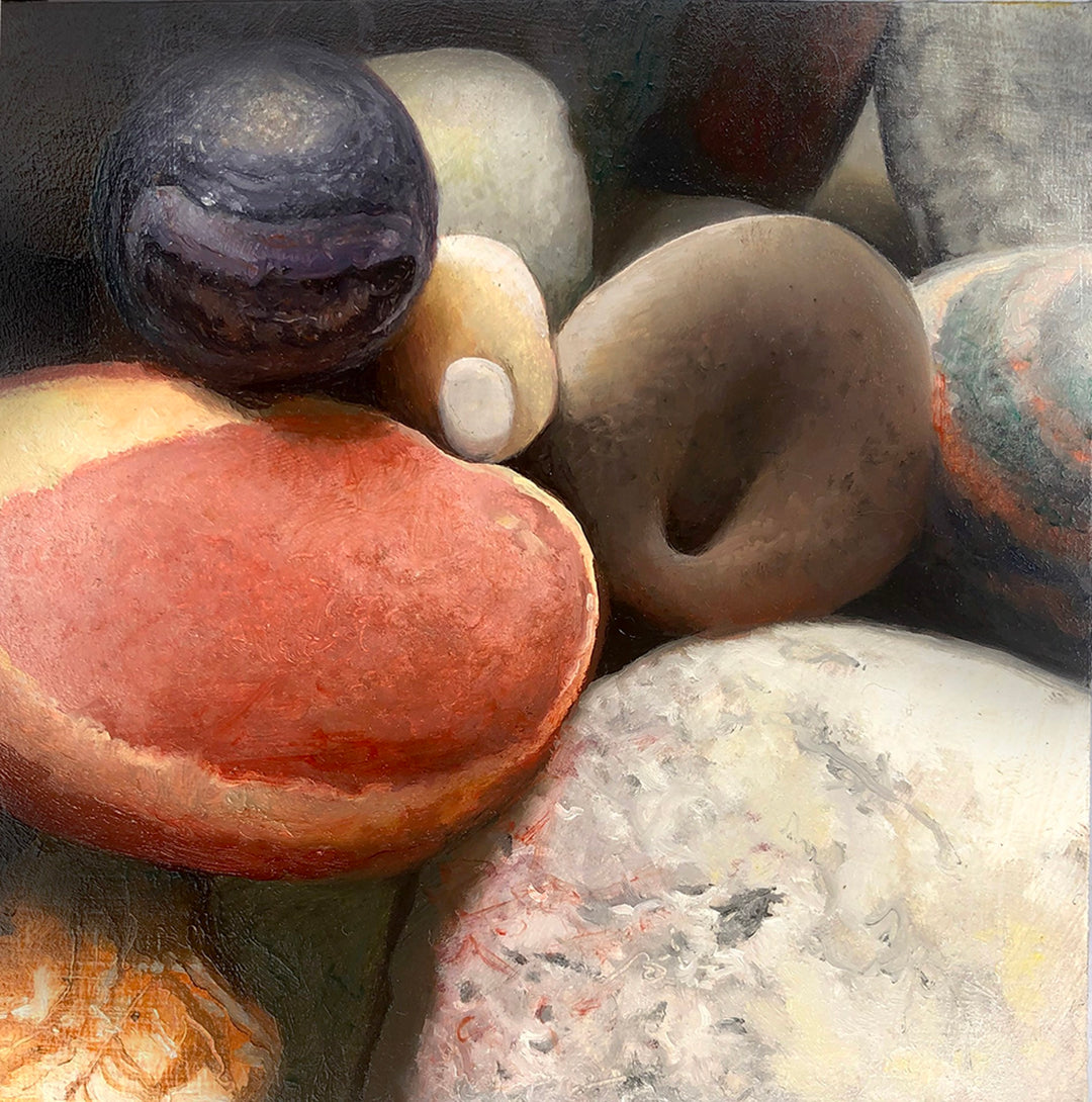 An oil painting of a group of rocks and shells by David Cunningham - "The Power of One" by David Cunningham.