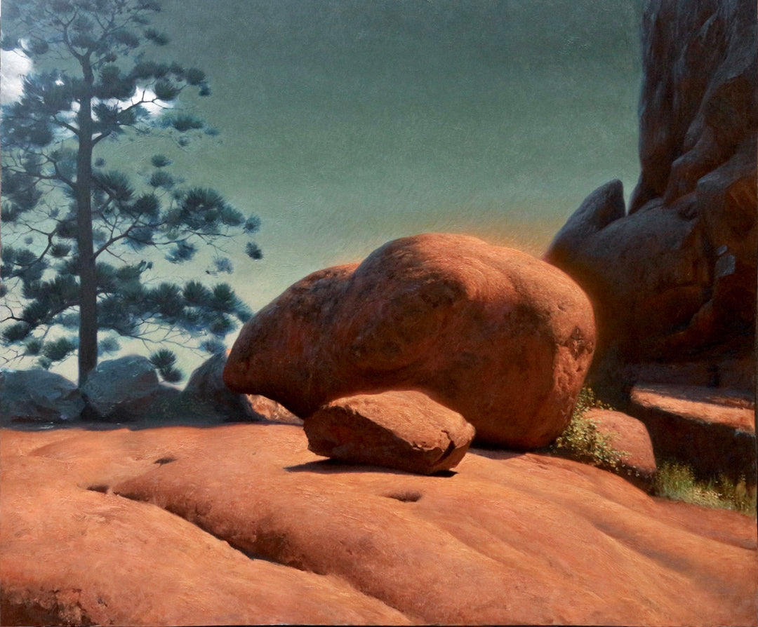 A painting of a red rock with a tree in the background, created by Diego Glazer using oil on canvas, called "Stalemate" by Diego Glazer.