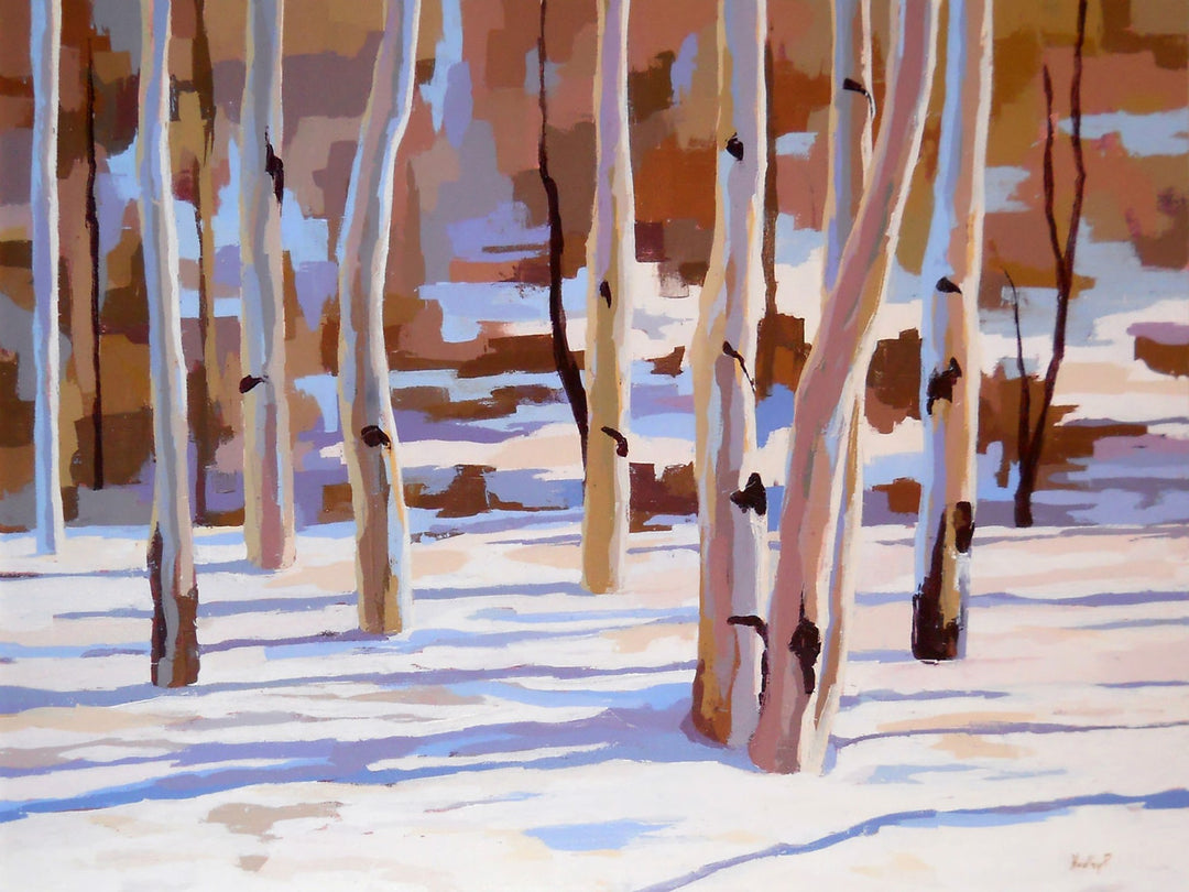 A captivating oil painting of trees in the snow, expertly capturing the serene beauty of nature, Hadley Rampton - "Fugue in Blue".