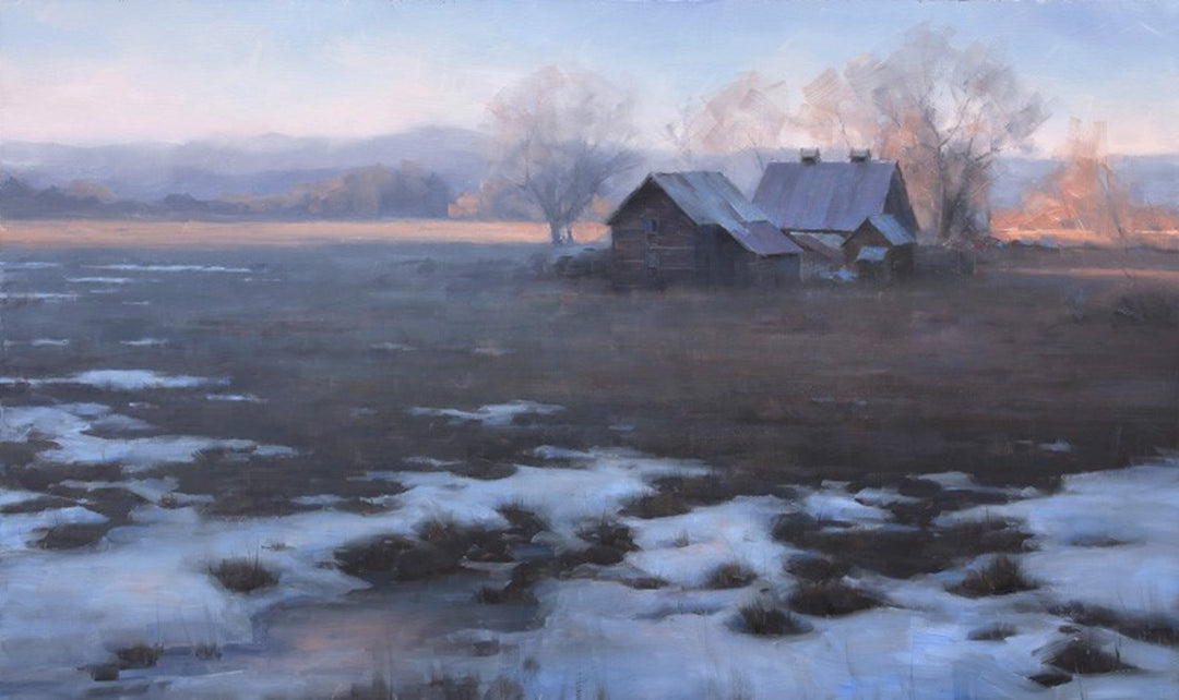 A painting of a house in the snow, rendered with the masterful use of oil by renowned artist Dave Santillanes, capturing the ethereal beauty and "Remnants" of winter by Dave Santillanes.