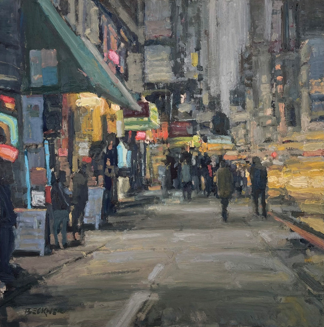 An enchanting "Sidewalks in Greys, 2021" oil on board painting by Jim Beckner capturing the allure of a city street at night. The artist skillfully blends shades of greys to portray the mesmerizing effect.