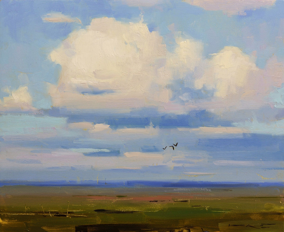 An oil painting of a plane flying over a field in South Iceland, by Thorgrimur Einarsson - "South Iceland