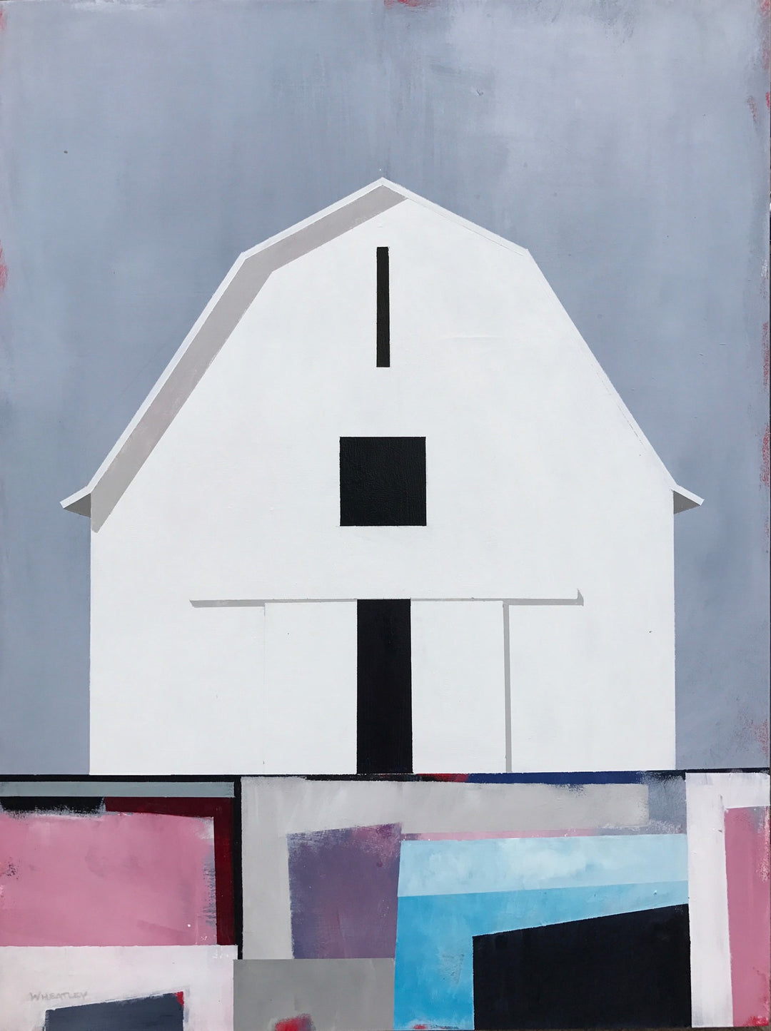 Justin Wheatley - Barn Number 3," an acrylic painting on panel by Justin Wheatley, depicts a white barn with a black door.