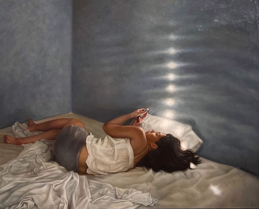 Aixa Oliveras - "Desvelada, 2015"" is an oil on canvas painting by Aixa Oliveras depicting a woman laying on a bed.