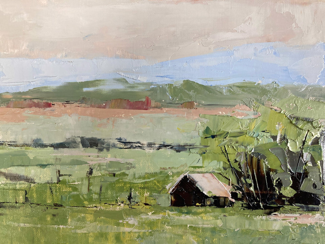 A "Sandra Pratt - Summer Day" painting of a farm in a green field.
