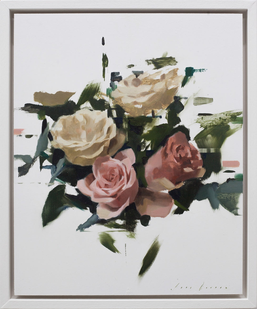 A painting of roses in a white frame, titled "Jon Doran - Recomposed No. 1", created by Jon Doran using oil on panel.