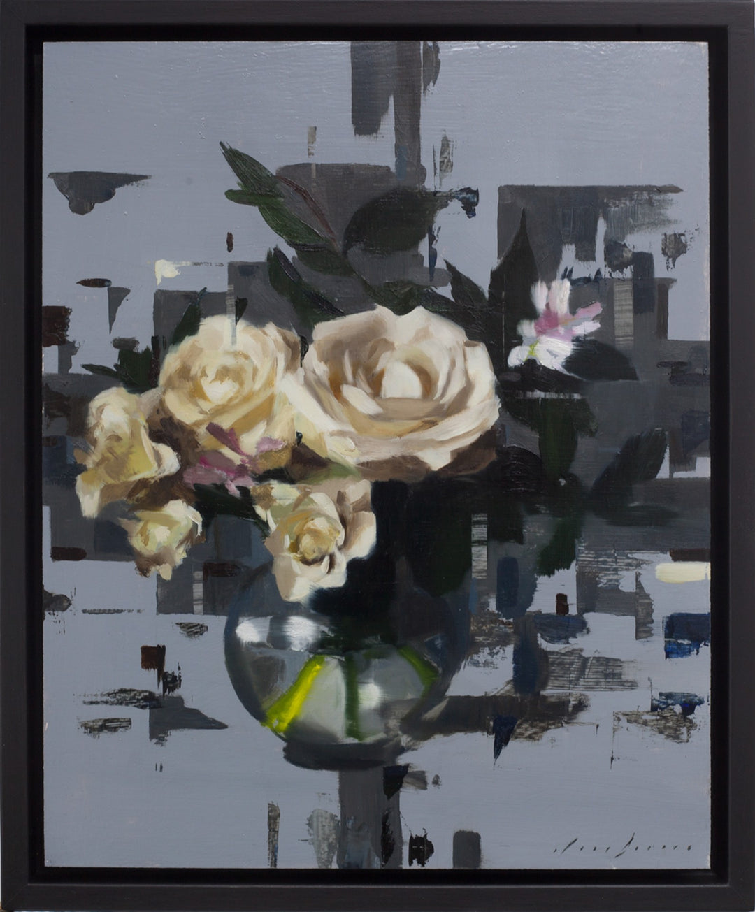 Jon Doran's stunning oil painting "Fragmented Roses" on panel captures the elegance of white roses as they delicately bloom in a glass vase. The artist's unique style showcases fragmented roses, adding intrigue and depth.