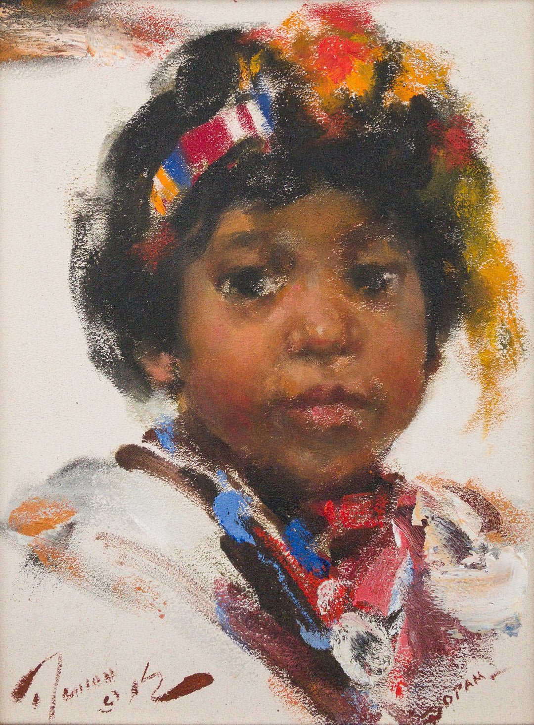 Ramon Kelley's captivating "Carolina" oil on board painting depicts a child adorned in a breathtaking headdress. This artistic masterpiece, inspired by the vibrant culture of Carolina, showcases the harmonious blend of colors.