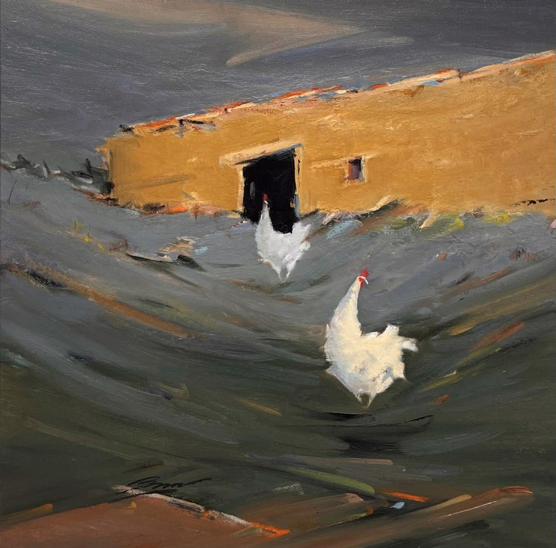 A painting by Jann T. Bass, "Long Long Way From Home, 1999", depicting two chickens in front of a building, created using oil paint.