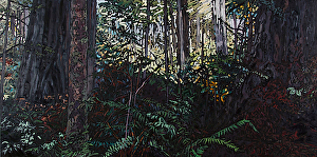 Deep in the Quiet" is an oil painting by Deb Komitor portraying a serene forest adorned with lush trees and delicate ferns. The product, "Deep in the Quiet" by the brand Deb Komitor, captures this tranquil scene.