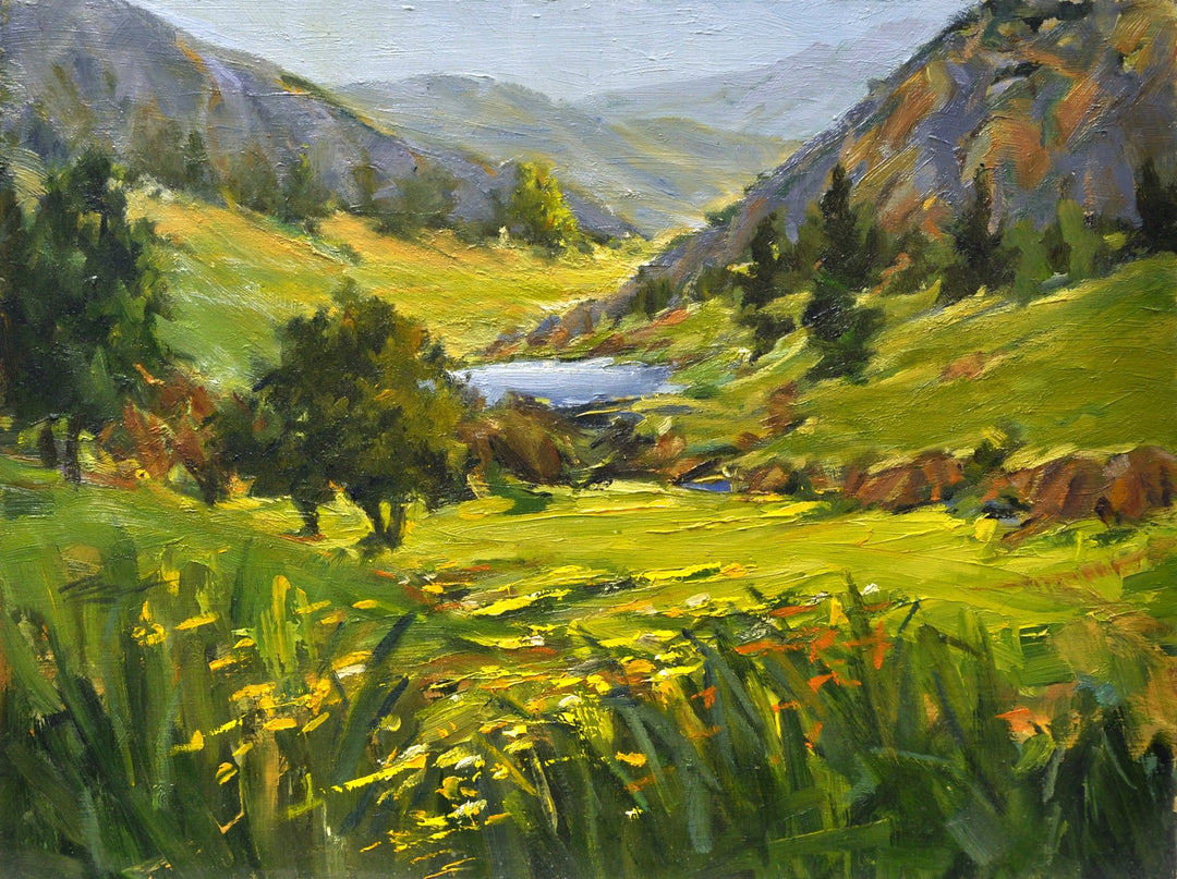 A beautiful painting by Jann T. Bass, featuring a mountain landscape adorned with vibrant yellow flowers, titled "Valley View" by Jann T. Bass.