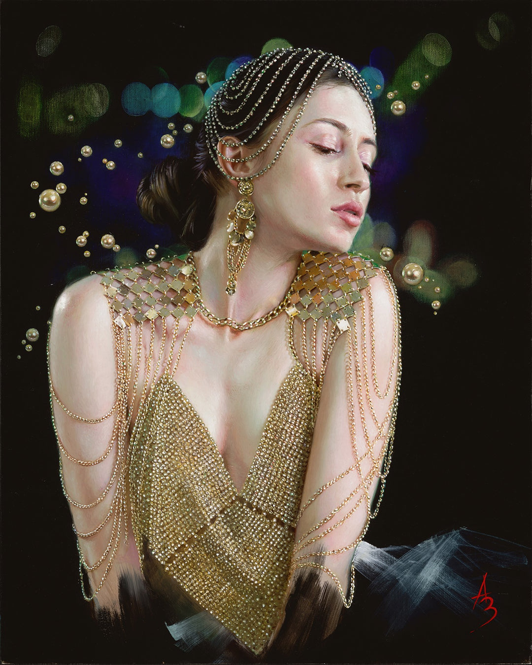 An Alexandra Manukyan - "Effulgent" oil painting on linen depicting a woman in a gold dress.