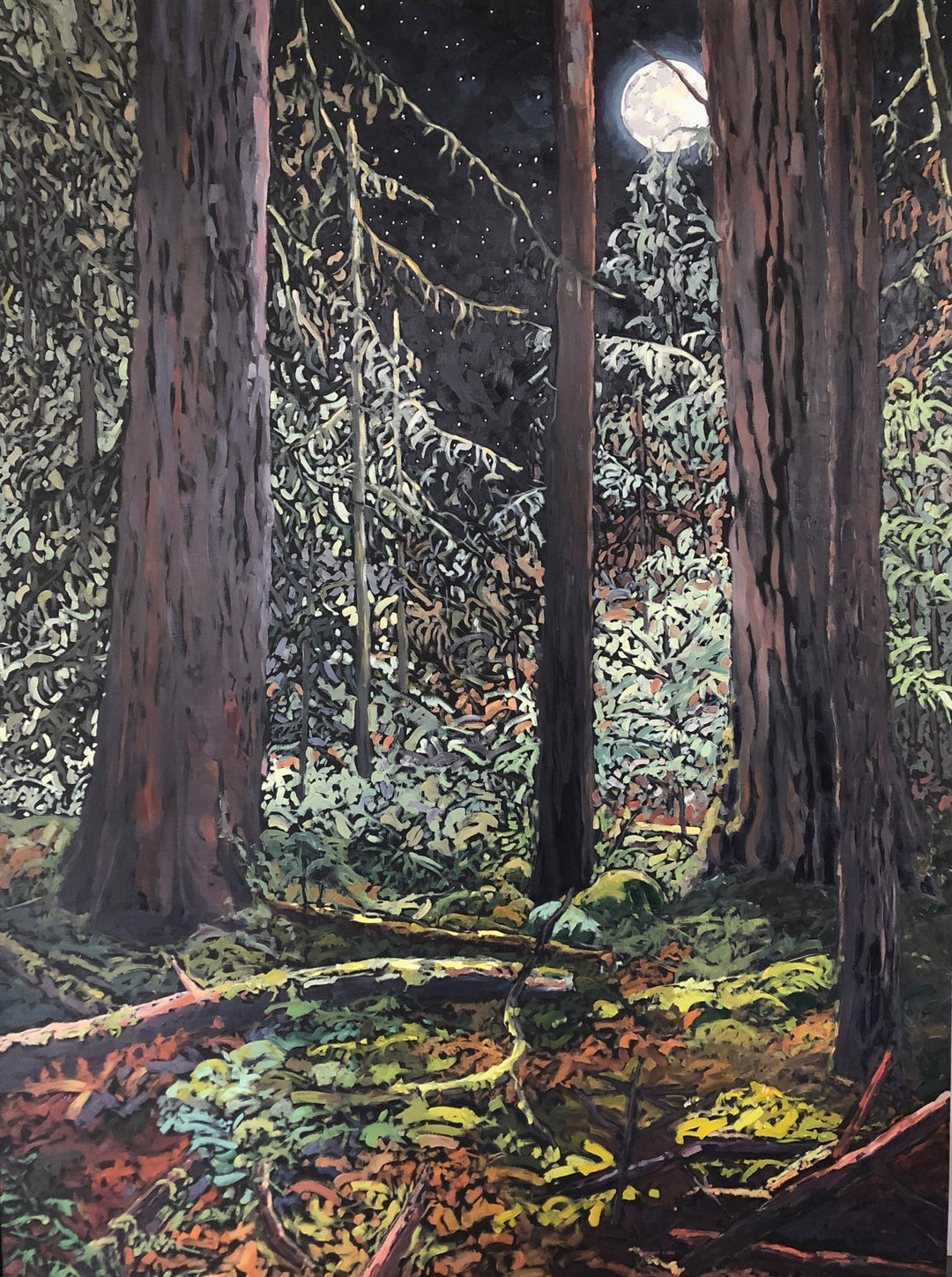 Deb Komitor's 2020 masterpiece, "Deb Komitor - The Forest Never Sleeps," is a captivating painting that showcases the mystical beauty of a forest illuminated by the enchanting glow of the moon.