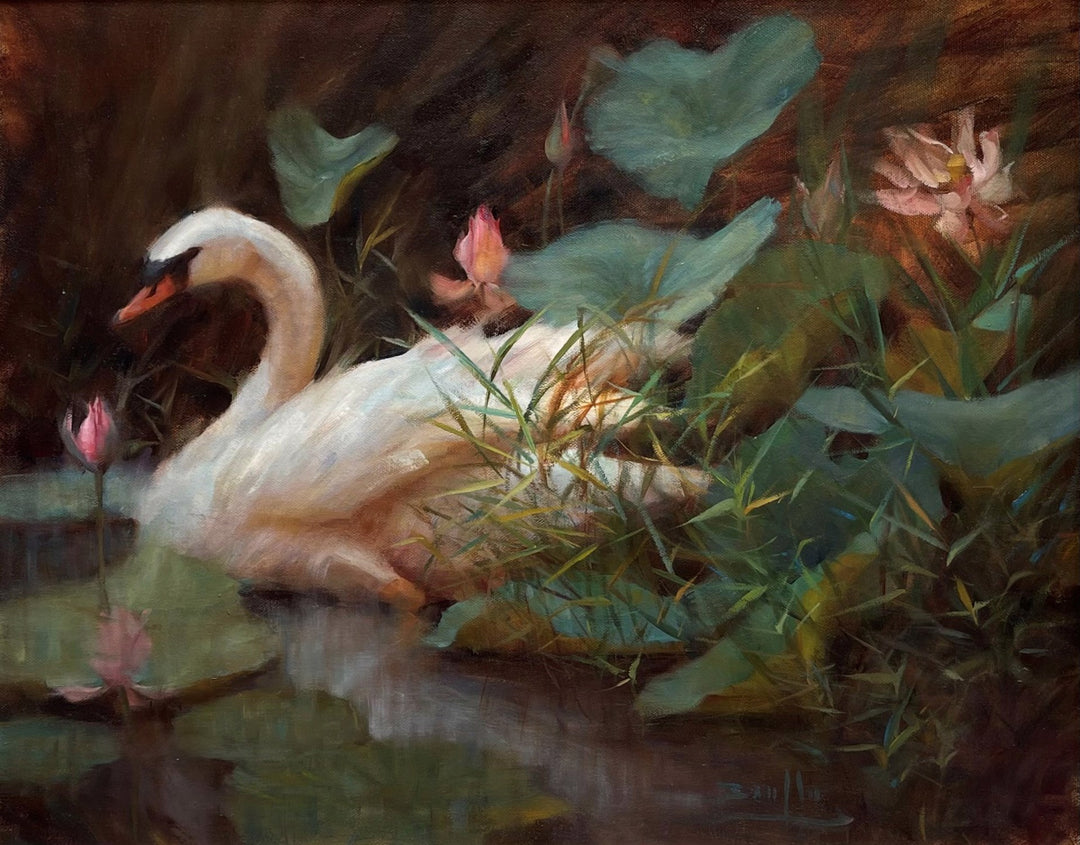 Among the Lilies - Bao Ho" is a painting by artist Bao Ho depicting a white swan in a pond with water lilies.