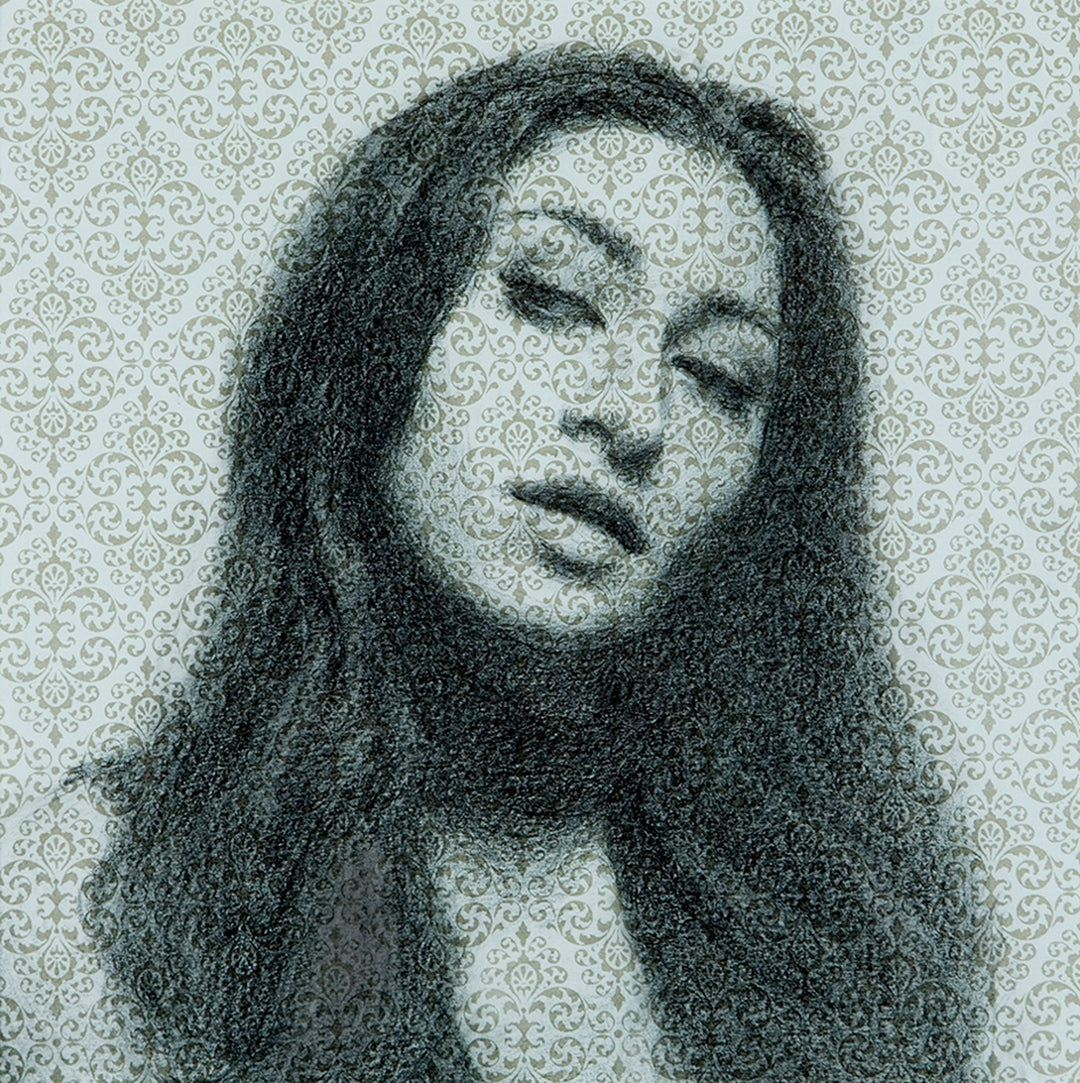 A "Sideways Glance" graphite drawing of a woman with long hair by Mark Bradley Schwartz.