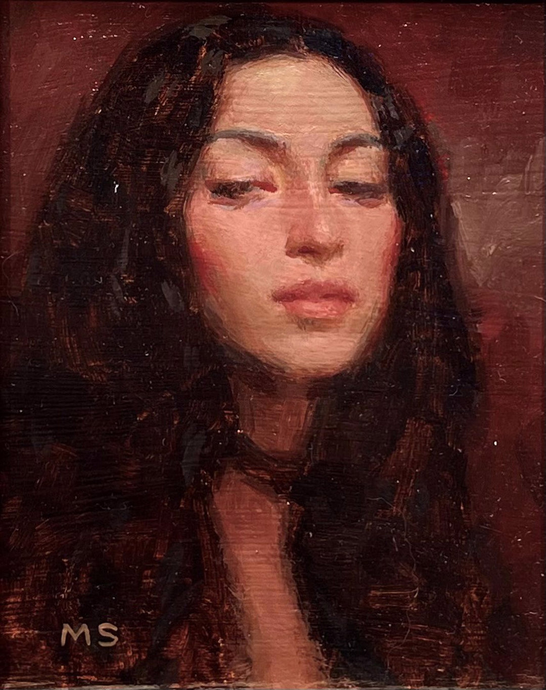 A stunning painting of a woman with long hair by Mark Bradley Schwartz's "M.Y. 3", rendered in oil on board.