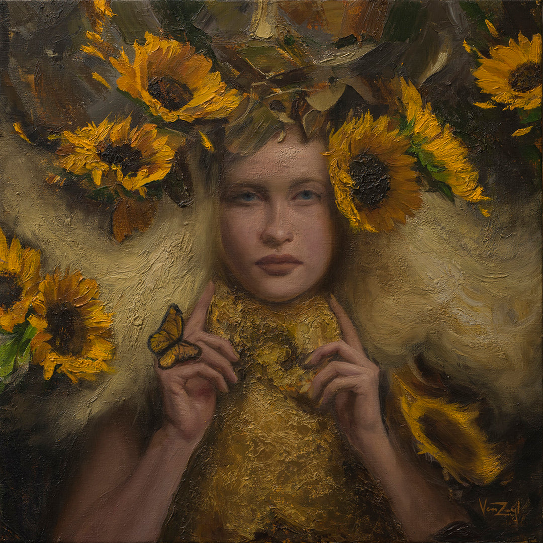 A stunning oil painting by Michael Van Zeyl, "Clytie" depicting a girl adorned with radiant sunflowers on her head inspired by the story of Clytie.