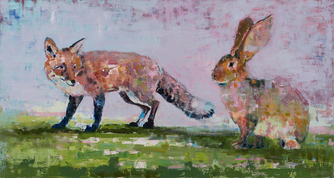 An oil painting by Brian Keith Stephens, "We Don't Need No More Trouble" featuring a fox and a rabbit, capturing the essence of mischief and charm.