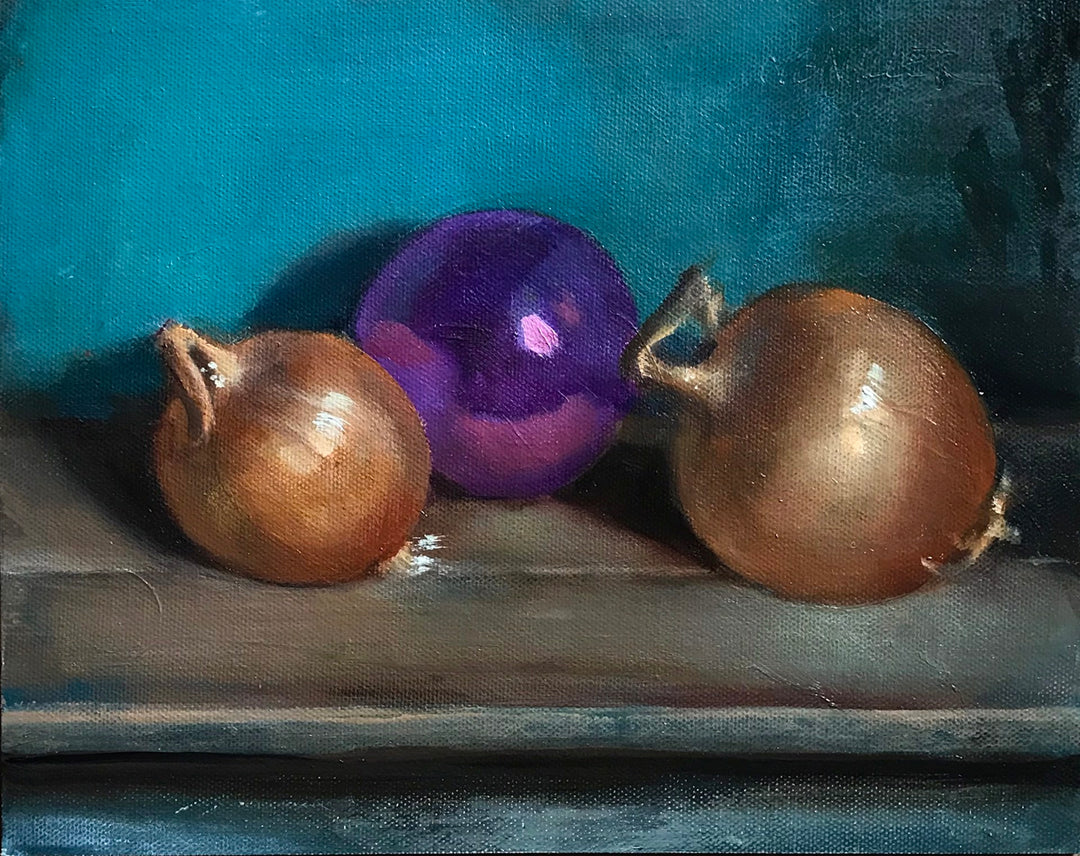 An oil painting of two onions and a purple ball, showcasing the natural beauty of Nancy Bea Miller's exquisite ornamental vegetables, "Onions and Ornament".