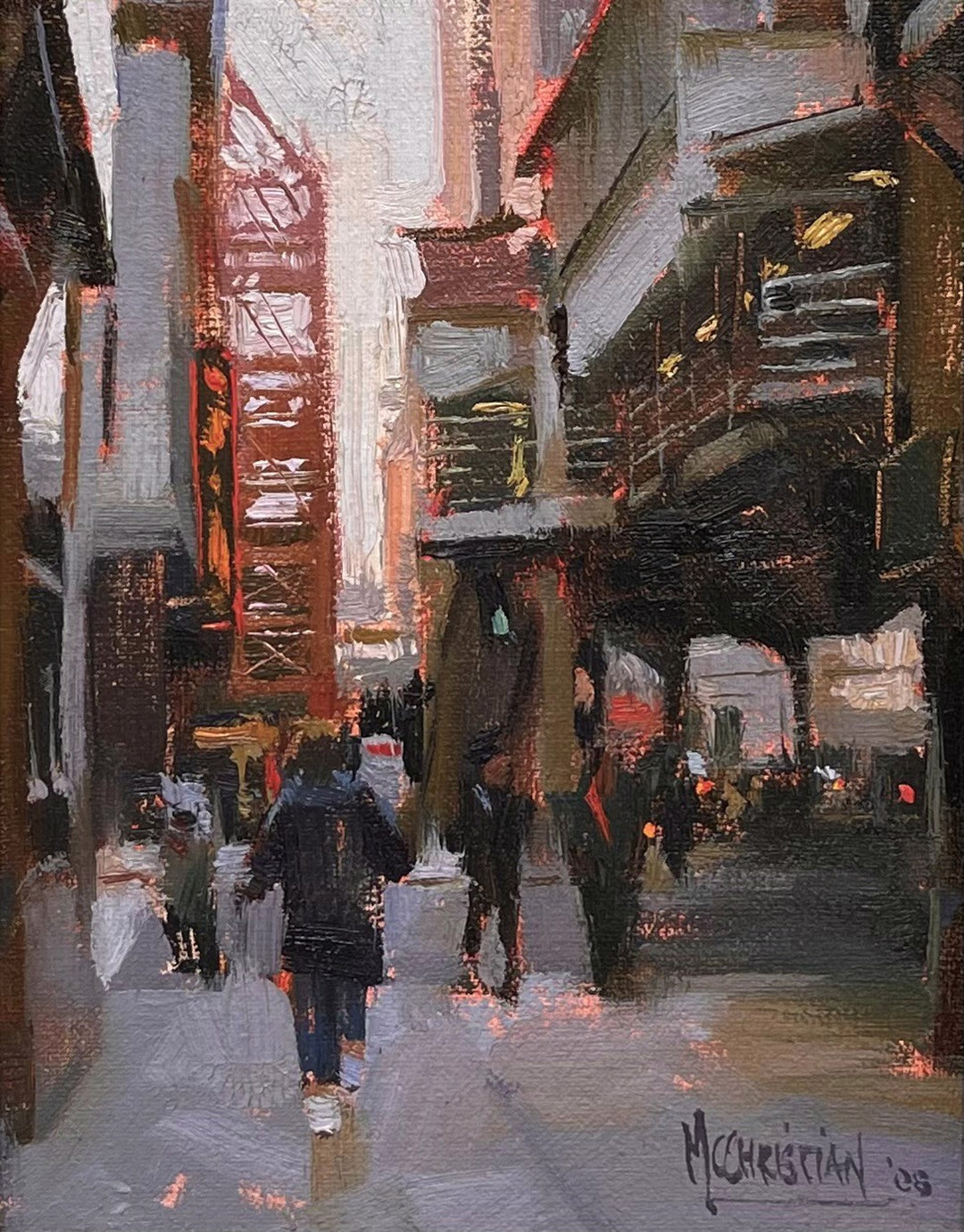 A 2008 painting by Jennifer McChristian, "Looking for Respite, 2008", depicting people walking down a street, providing a respite from the chaos of daily life.